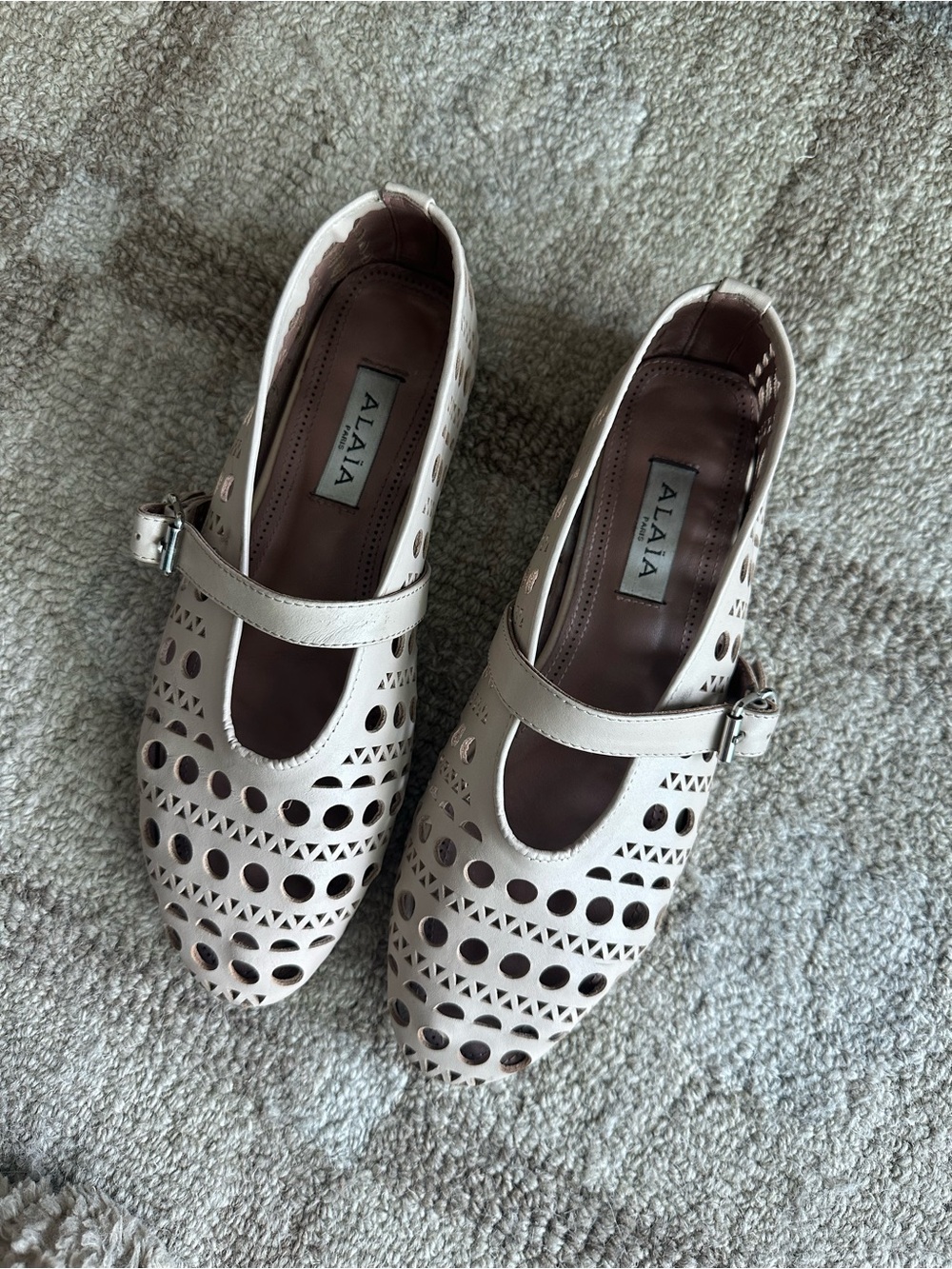 Perforated Mary Jane Flats in Pale Beige
